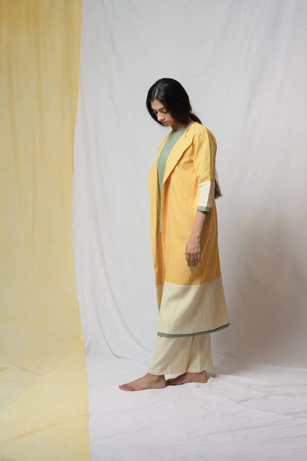 Yellow Roving Dunes Jacket at Kamakhyaa by Niraa. This item is Coats, Cotton khadi, Evening Wear, Natural with azo dyes, Relaxed Fit, Solids, Tales of rippling brooks, Womenswear, Yellow
