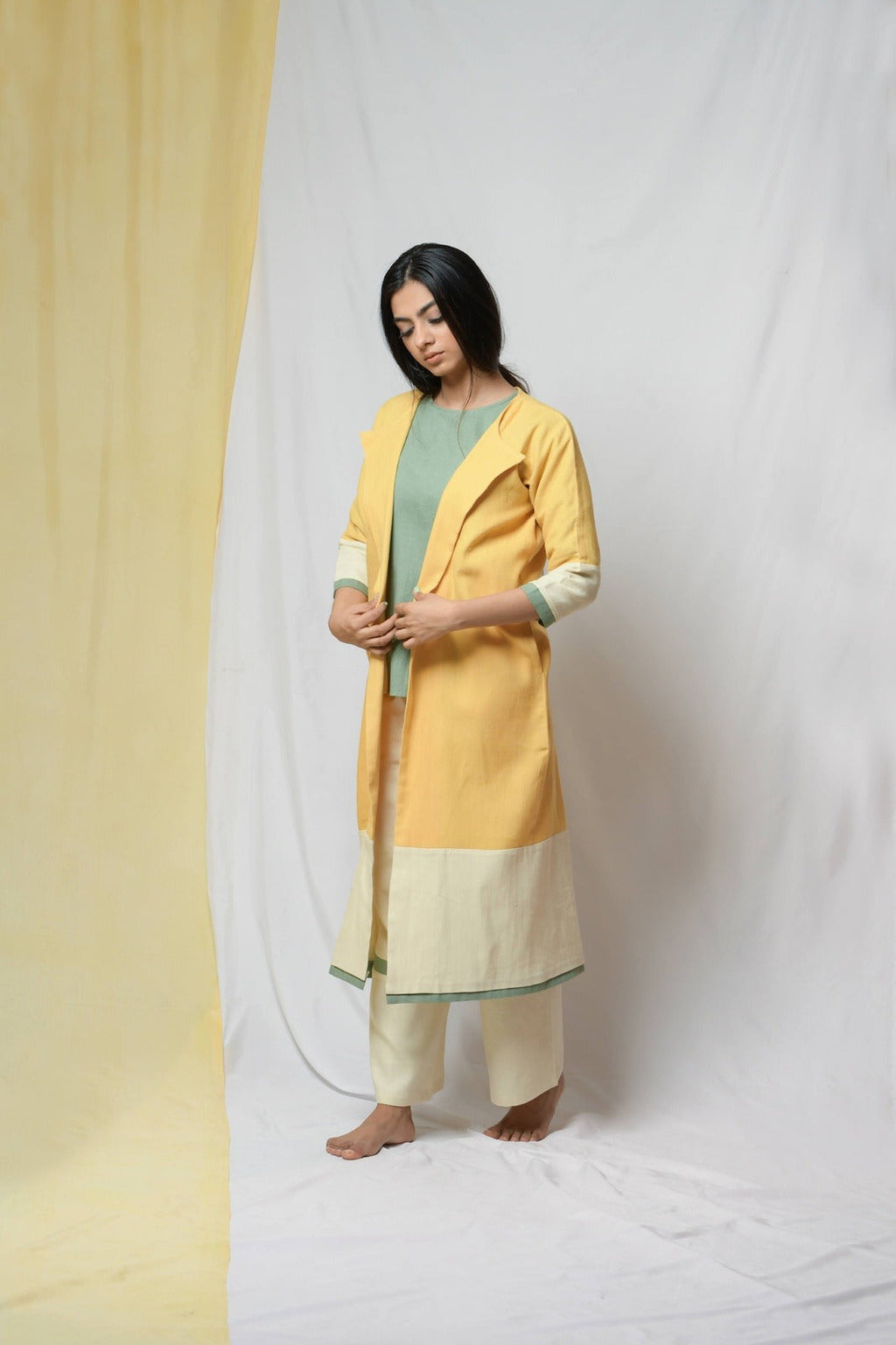 Yellow Roving Dunes Jacket at Kamakhyaa by Niraa. This item is Coats, Cotton khadi, Evening Wear, Natural with azo dyes, Relaxed Fit, Solids, Tales of rippling brooks, Womenswear, Yellow