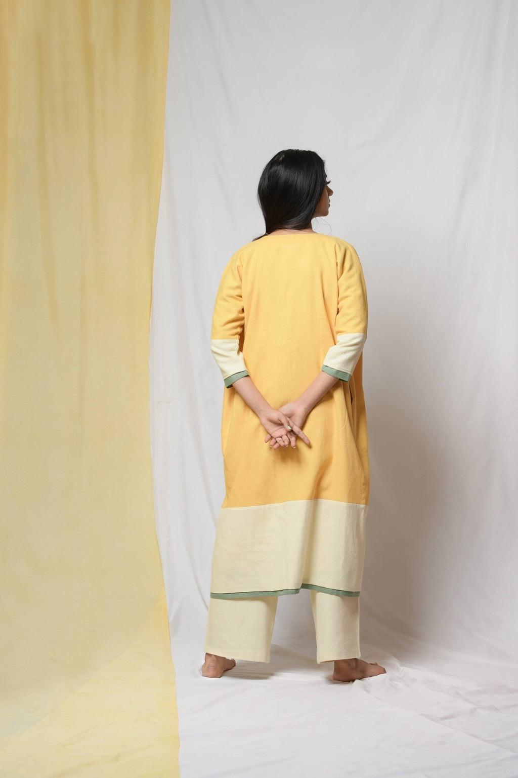 Yellow Roving Dunes Jacket at Kamakhyaa by Niraa. This item is Coats, Cotton khadi, Evening Wear, Natural with azo dyes, Relaxed Fit, Solids, Tales of rippling brooks, Womenswear, Yellow