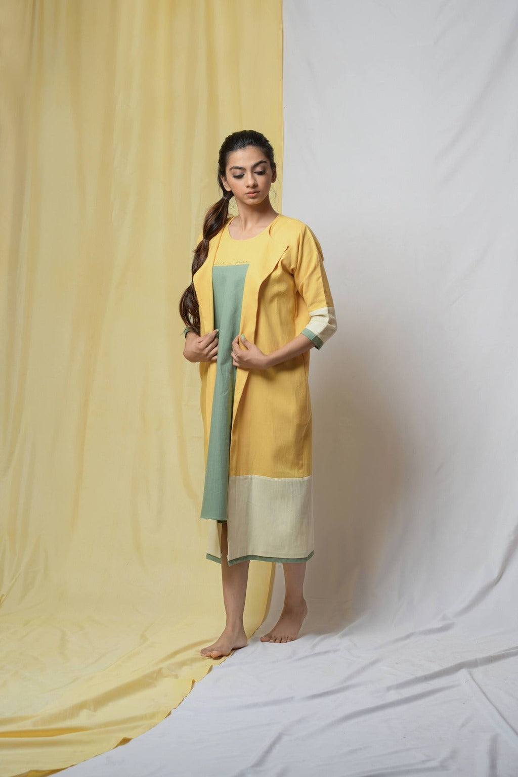 Yellow Roving Dunes Jacket at Kamakhyaa by Niraa. This item is Coats, Cotton khadi, Evening Wear, Natural with azo dyes, Relaxed Fit, Solids, Tales of rippling brooks, Womenswear, Yellow