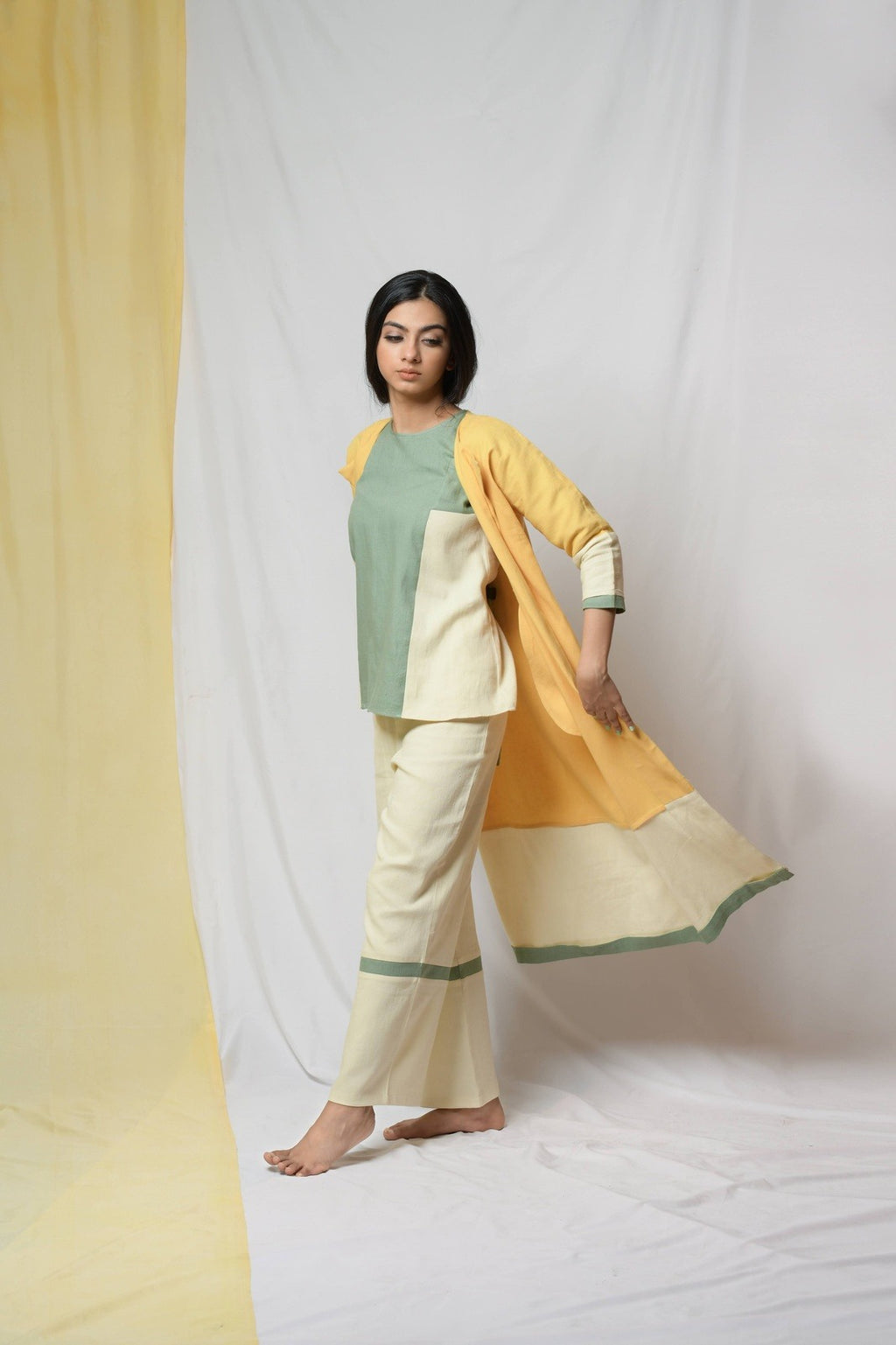 Yellow Roving Dunes Jacket at Kamakhyaa by Niraa. This item is Coats, Cotton khadi, Evening Wear, Natural with azo dyes, Relaxed Fit, Solids, Tales of rippling brooks, Womenswear, Yellow