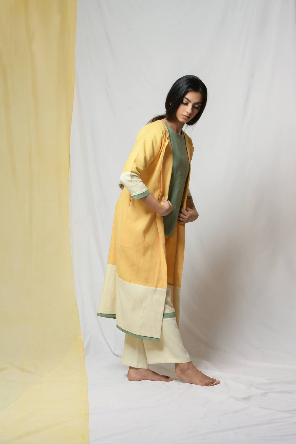 Yellow Roving Dunes Jacket at Kamakhyaa by Niraa. This item is Coats, Cotton khadi, Evening Wear, Natural with azo dyes, Relaxed Fit, Solids, Tales of rippling brooks, Womenswear, Yellow
