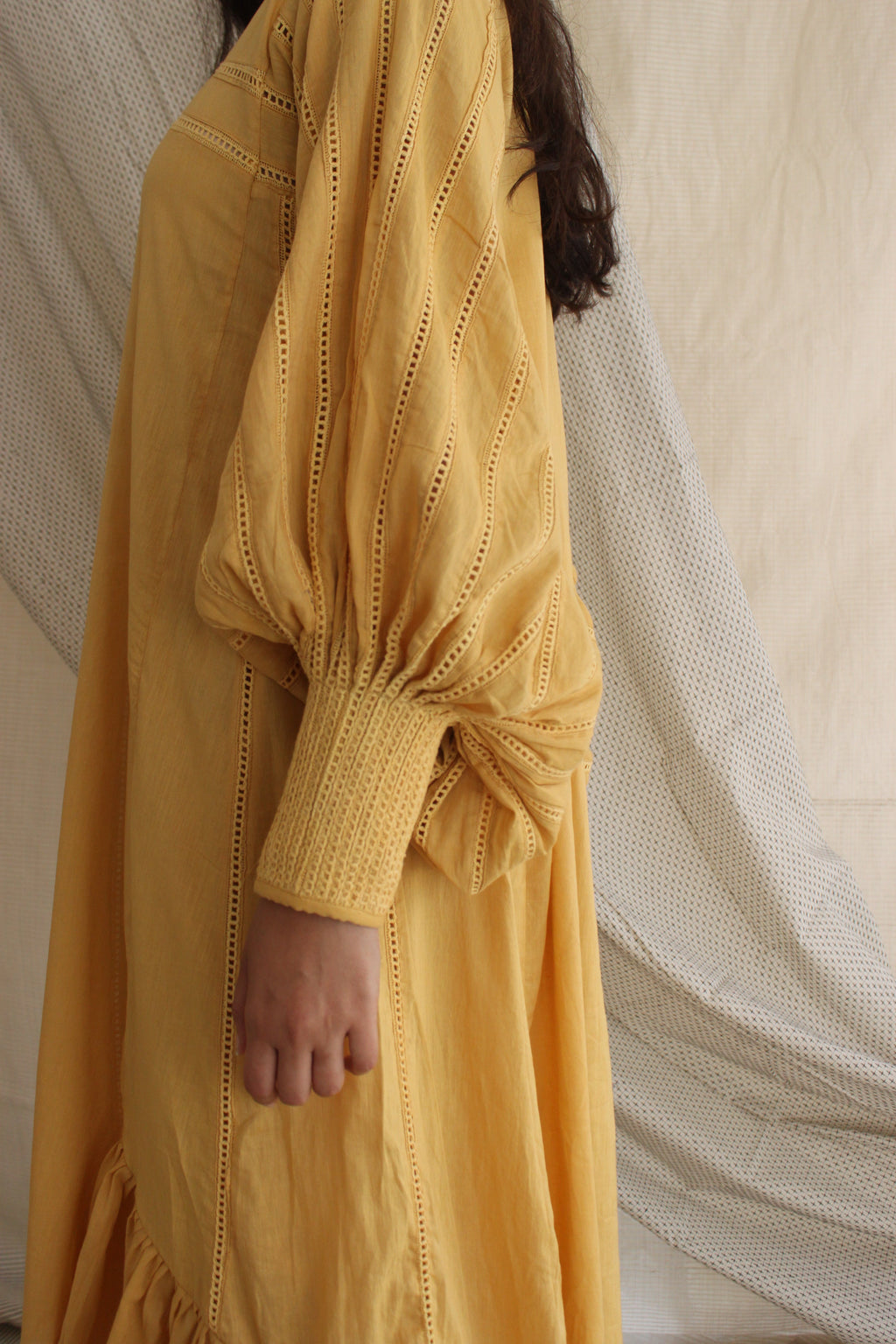 Yellow Ruffled Full Sleeves Dress at Kamakhyaa by Chambray & Co.. This item is Casual Wear, Cotton, Midi Dresses, Natural, Regular Fit, Ruffle Dresses, Solids, Tiered Dresses, Womenswear, Yellow