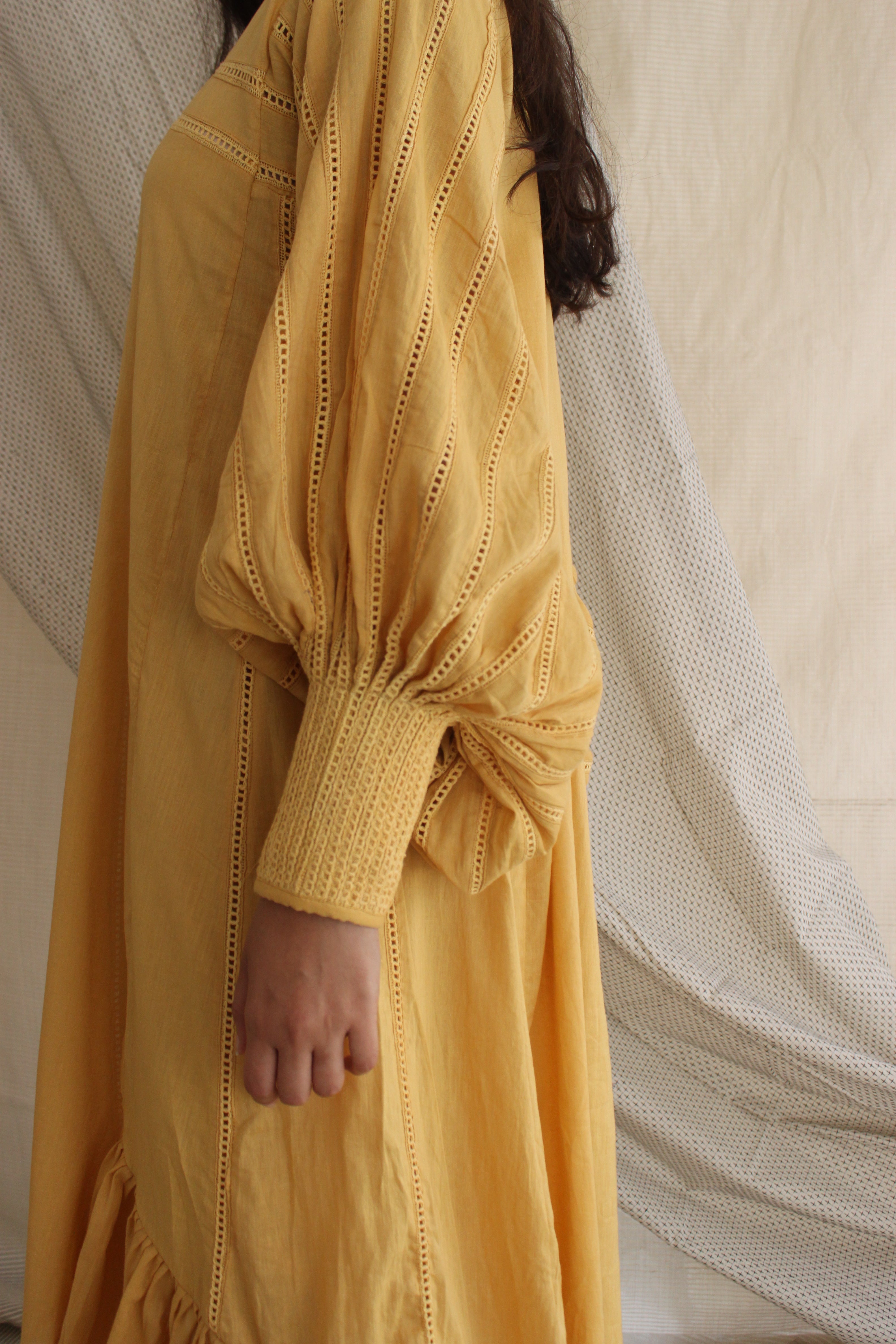 Yellow Ruffled Full Sleeves Dress at Kamakhyaa by Chambray & Co.. This item is Casual Wear, Cotton, Midi Dresses, Natural, Regular Fit, Ruffle Dresses, Solids, Tiered Dresses, Womenswear, Yellow