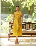 Yellow Satin Silk Sleeveless Ruffled Dress at Kamakhyaa by Mayura Kumar. This item is Dresses, Festive Wear, Mayura Kumar, Regular Fit, Satin, Silk, Sleeveless Dresses, Solids, Womenswear, Yellow