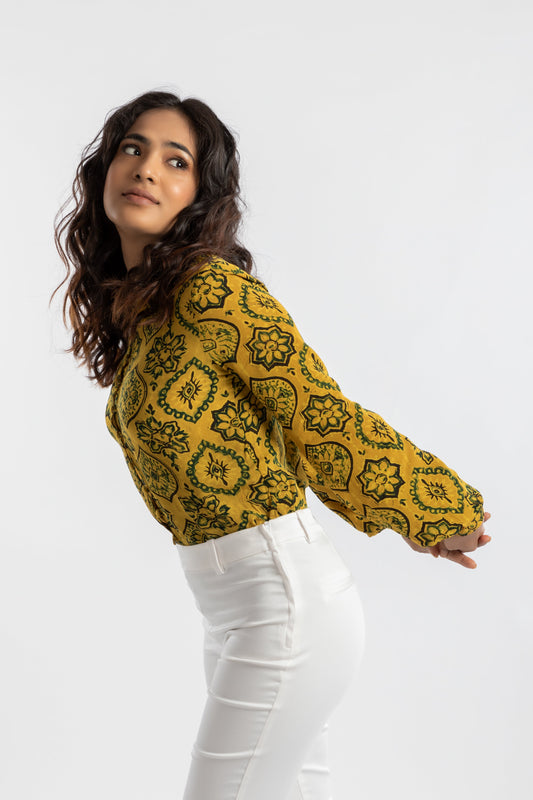 Yellow Shirt at Kamakhyaa by House Of Ara. This item is Ajrakh, Ajrakh Collection, Casual Wear, Cupro, Natural, Prints, Regular Fit, Shirts, Womenswear, Yellow