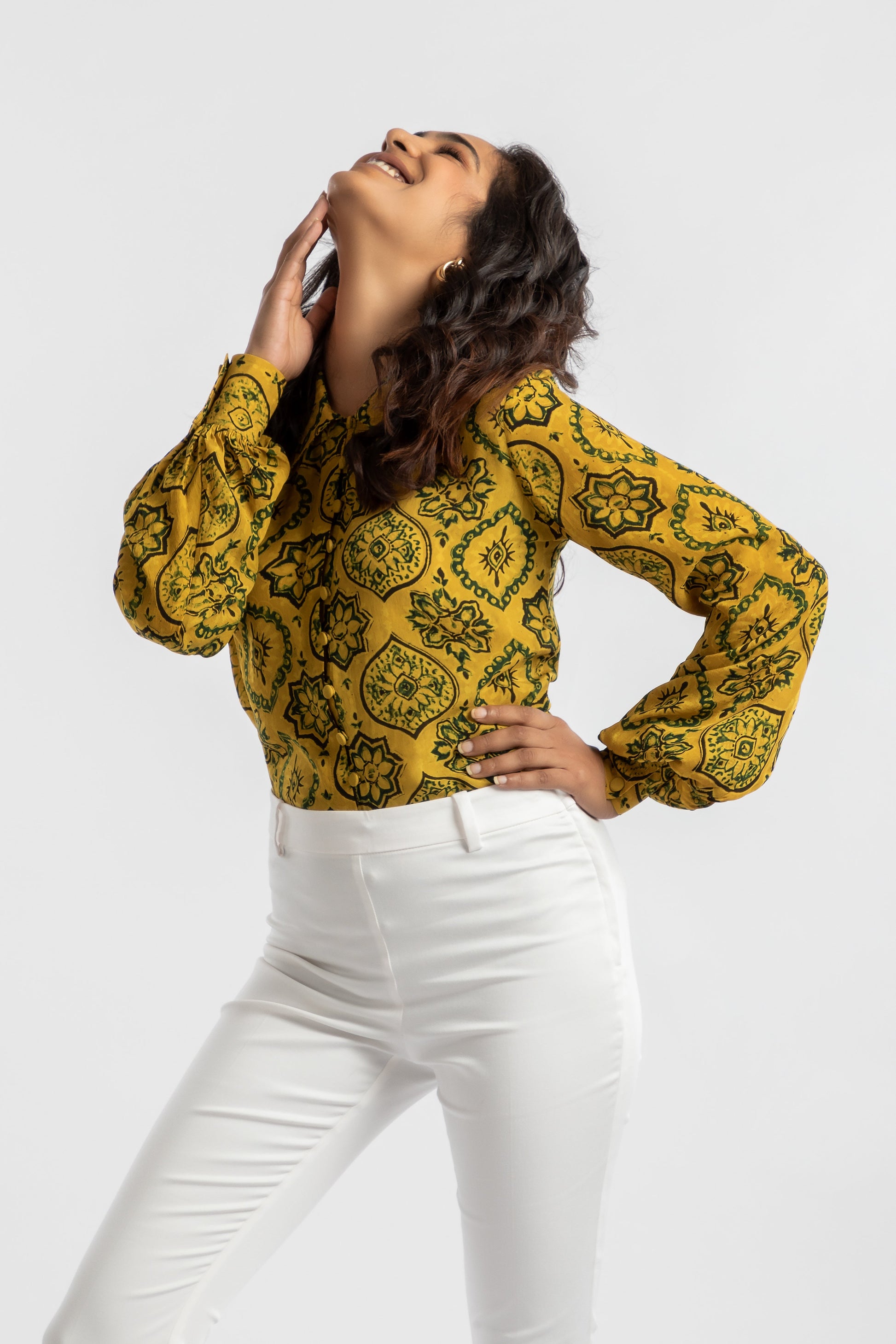 Yellow Shirt at Kamakhyaa by House Of Ara. This item is Ajrakh, Ajrakh Collection, Casual Wear, Cupro, Natural, Prints, Regular Fit, Shirts, Womenswear, Yellow