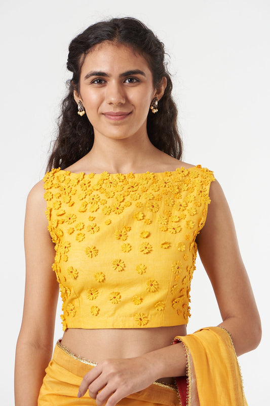 Yellow Silk Chanderi Embroidered Blouse at Kamakhyaa by Ahmev. This item is Casual Wear, Embroidered, Festive '22, July Sale, July Sale 2023, Natural, New, Regular Fit, Saree Blouses, Silk Chanderi, Tops, Womenswear, Yellow