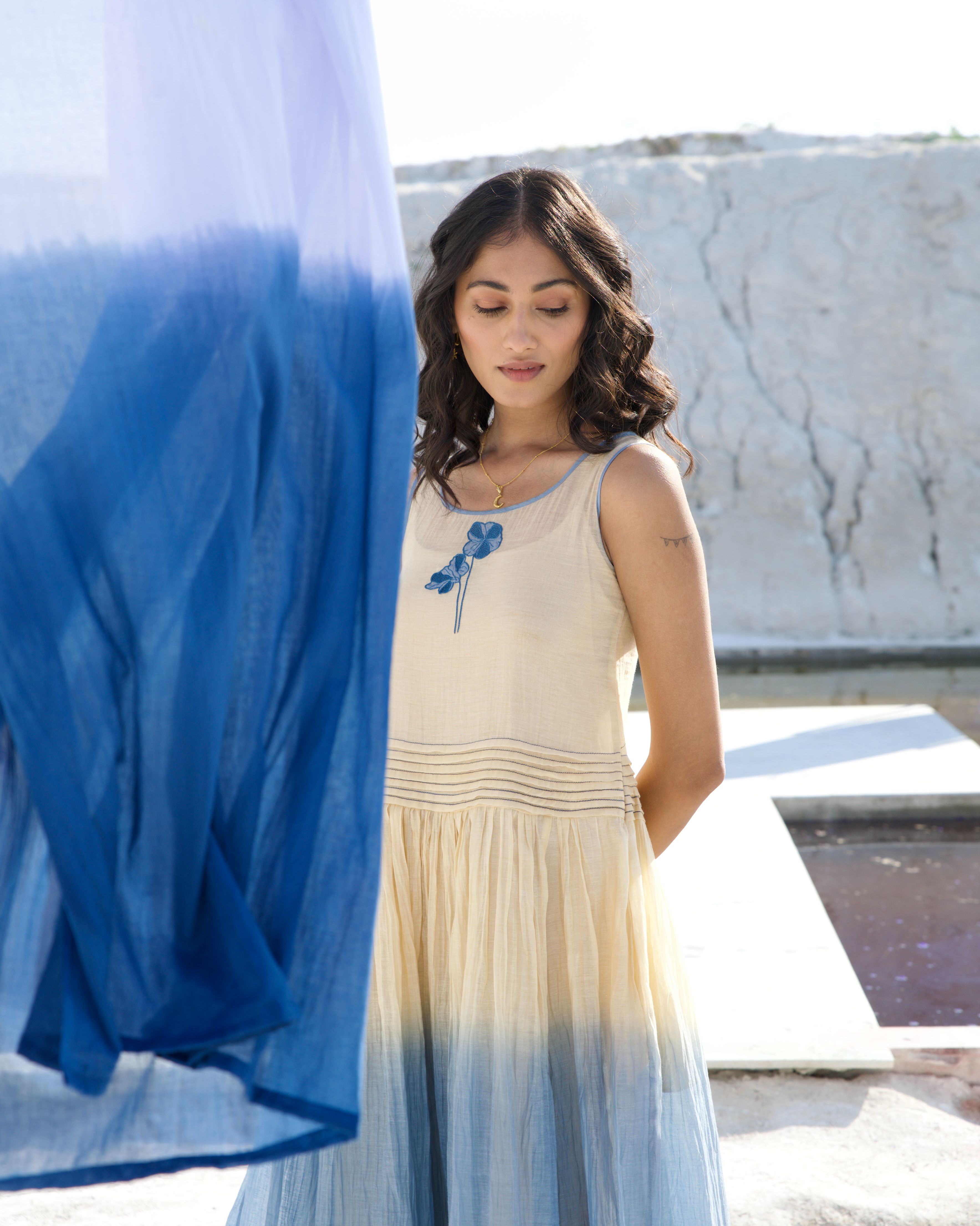 Yellow Silk Midi Dress at Kamakhyaa by The Loom Art. This item is Aurora SS24, Casual Wear, Chanderi Silk, July Sale, July Sale 2023, Midi Dresses, Ombre & Dyes, Organic, Regular Fit, Sleeveless Dresses, Womenswear, Yellow