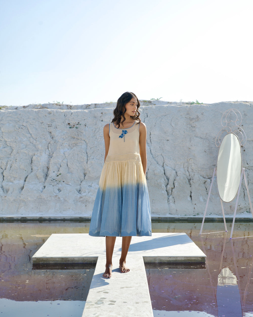 Yellow Silk Midi Dress at Kamakhyaa by The Loom Art. This item is Aurora SS24, Casual Wear, Chanderi Silk, July Sale, July Sale 2023, Midi Dresses, Ombre & Dyes, Organic, Regular Fit, Sleeveless Dresses, Womenswear, Yellow