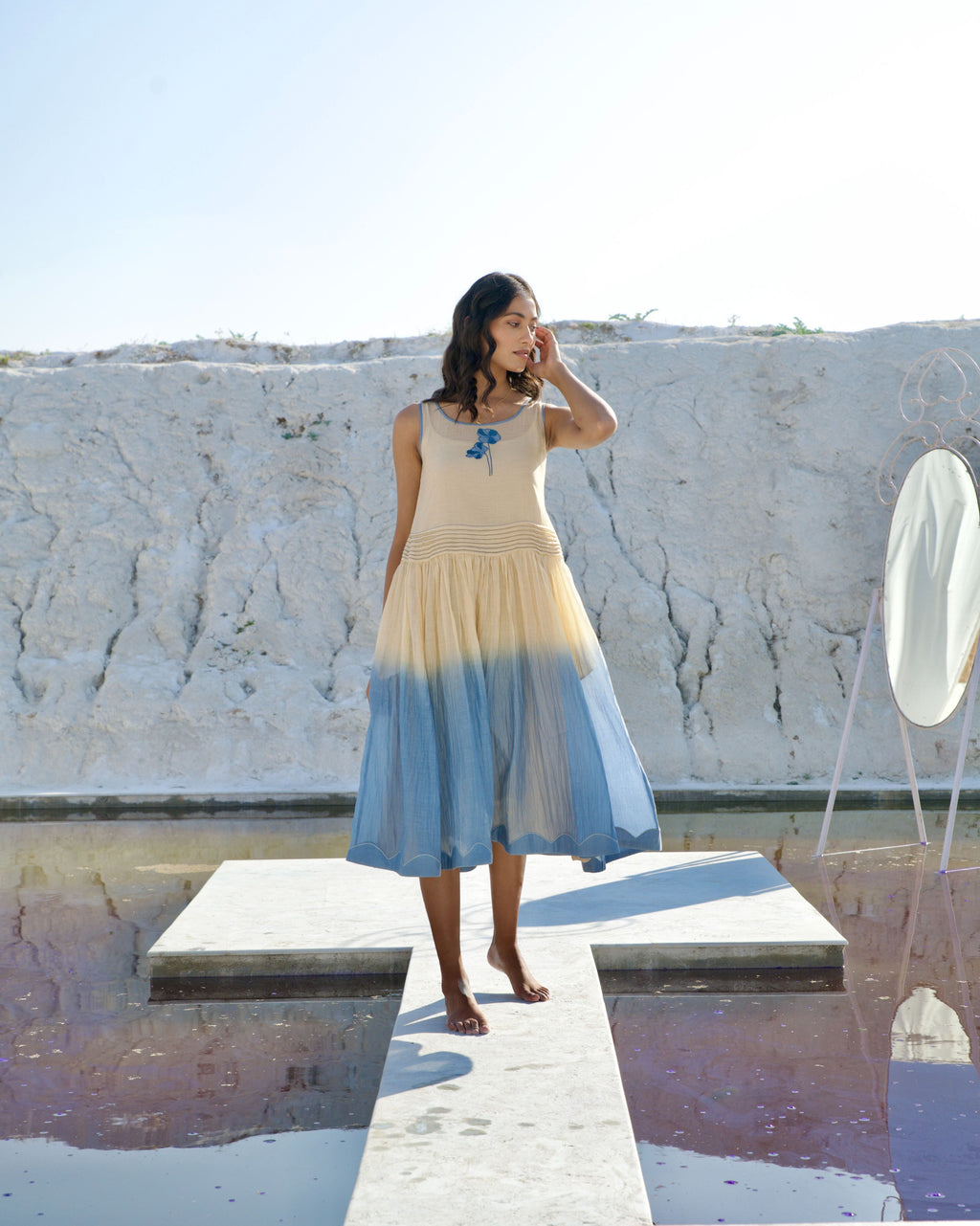 Yellow Silk Midi Dress at Kamakhyaa by The Loom Art. This item is Aurora SS24, Casual Wear, Chanderi Silk, July Sale, July Sale 2023, Midi Dresses, Ombre & Dyes, Organic, Regular Fit, Sleeveless Dresses, Womenswear, Yellow