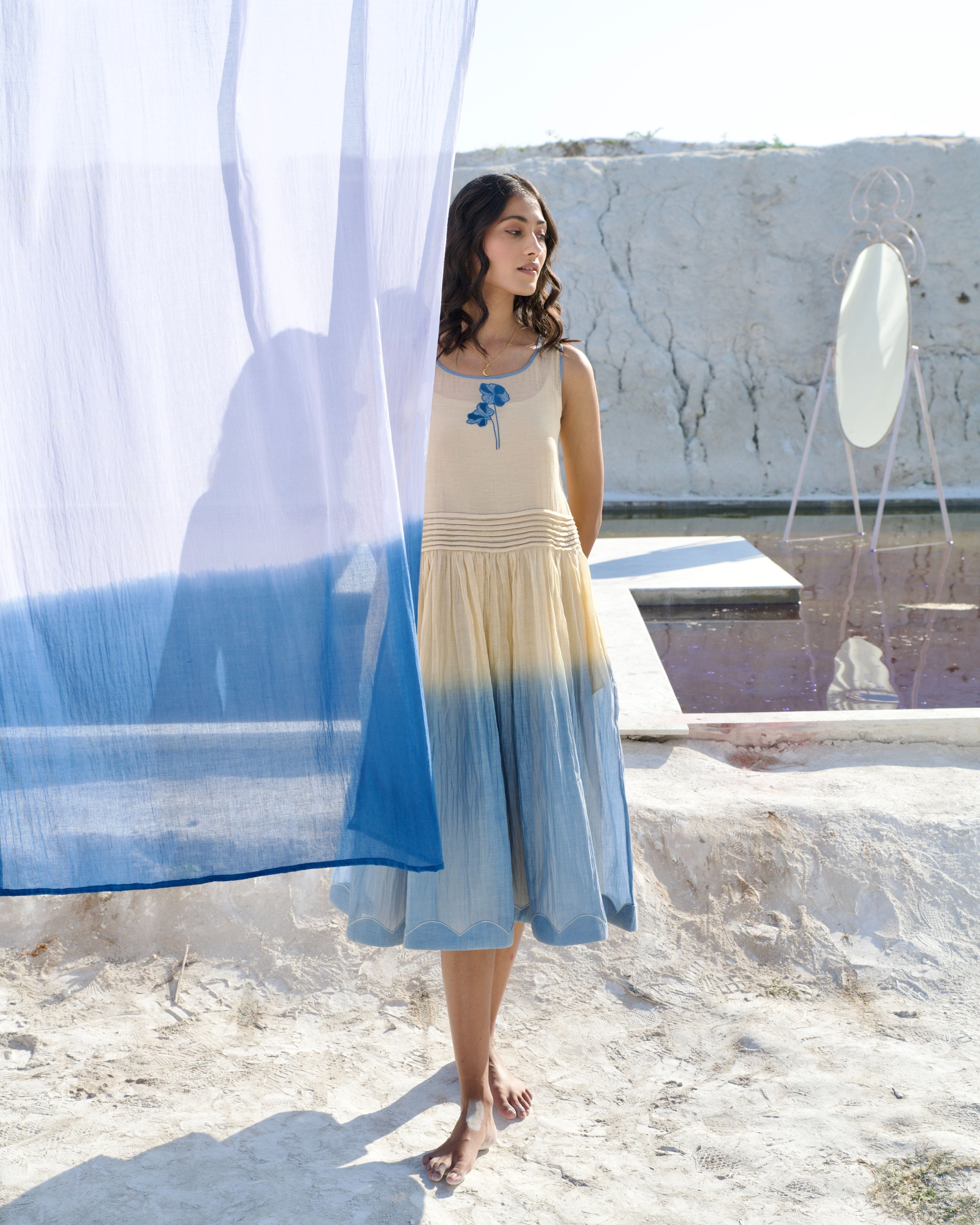 Yellow Silk Midi Dress at Kamakhyaa by The Loom Art. This item is Aurora SS24, Casual Wear, Chanderi Silk, July Sale, July Sale 2023, Midi Dresses, Ombre & Dyes, Organic, Regular Fit, Sleeveless Dresses, Womenswear, Yellow