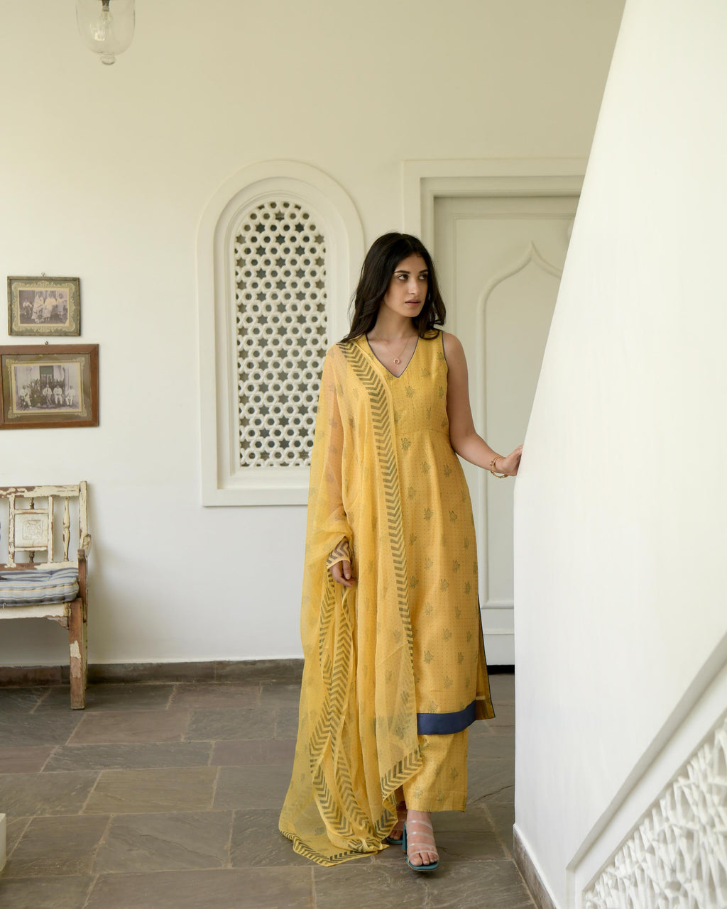Yellow Sleeveless Chanderi Silk Kurta Set With Dupatta at Kamakhyaa by Taro. This item is Best Selling, Evening Wear, Gulzar Taro, Handwoven Chanderi silk, Indian Wear, July Sale, July Sale 2023, Kurta Pant Sets, Kurta Set With Dupatta, Natural, Prints, Regular Fit, Womenswear, Yellow