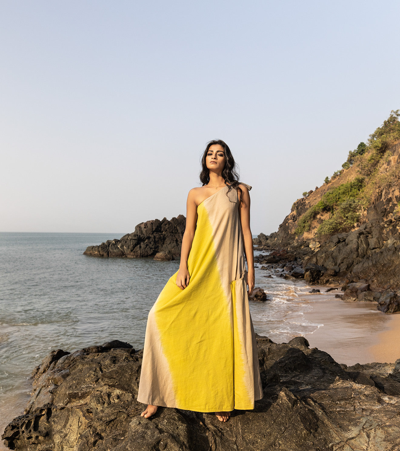 Yellow Sleeveless Maxi Dress at Kamakhyaa by Khara Kapas. This item is Cotton, Highend fashion, Maxi Dresses, Oh Carol, Ombre & Dyes, One Shoulder Dresses, Regular Fit, Resort Wear, Solids, Womenswear, Yellow