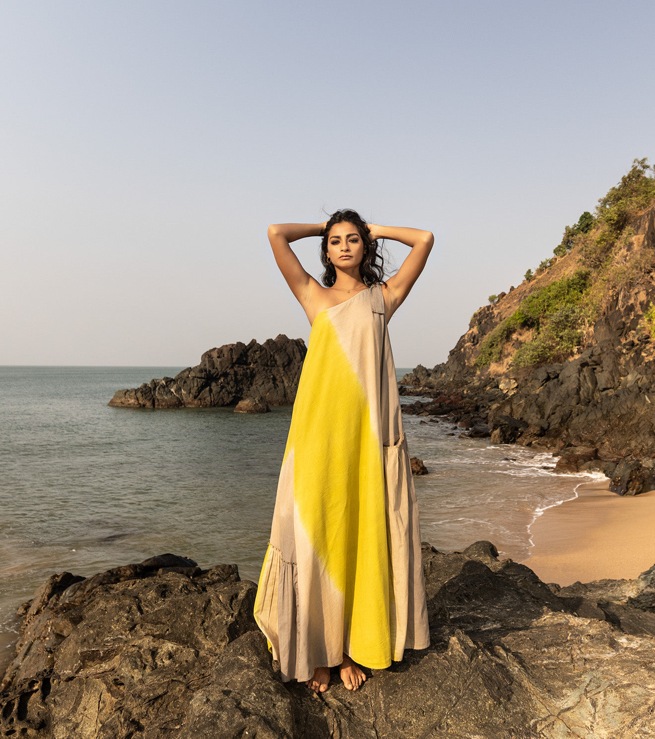 Yellow Sleeveless Maxi Dress at Kamakhyaa by Khara Kapas. This item is Cotton, Highend fashion, Maxi Dresses, Oh Carol, Ombre & Dyes, One Shoulder Dresses, Regular Fit, Resort Wear, Solids, Womenswear, Yellow