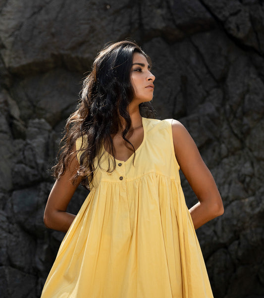Yellow Sleeveless Mini Dress at Kamakhyaa by Khara Kapas. This item is Cotton, Mini Dresses, Natural, Oh Carol, Regular Fit, Resort Wear, Sleeveless Dresses, Solids, Womenswear, Yellow