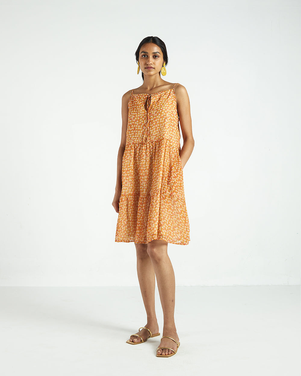 Yellow Sleeveless Tier Dress at Kamakhyaa by Reistor. This item is Bemberg, Best Selling, Casual Wear, Chiffon, Mini Dresses, Natural, Sleeveless Dresses, Tiered Dresses, Womenswear, Yellow