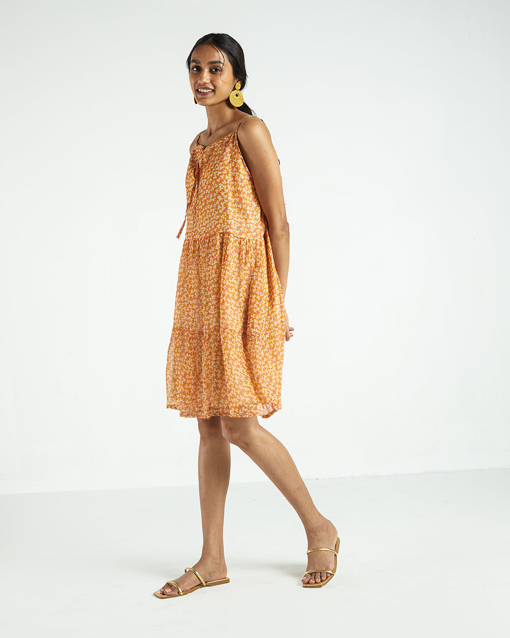 Yellow Sleeveless Tier Dress at Kamakhyaa by Reistor. This item is Bemberg, Best Selling, Casual Wear, Chiffon, Mini Dresses, Natural, Sleeveless Dresses, Tiered Dresses, Womenswear, Yellow