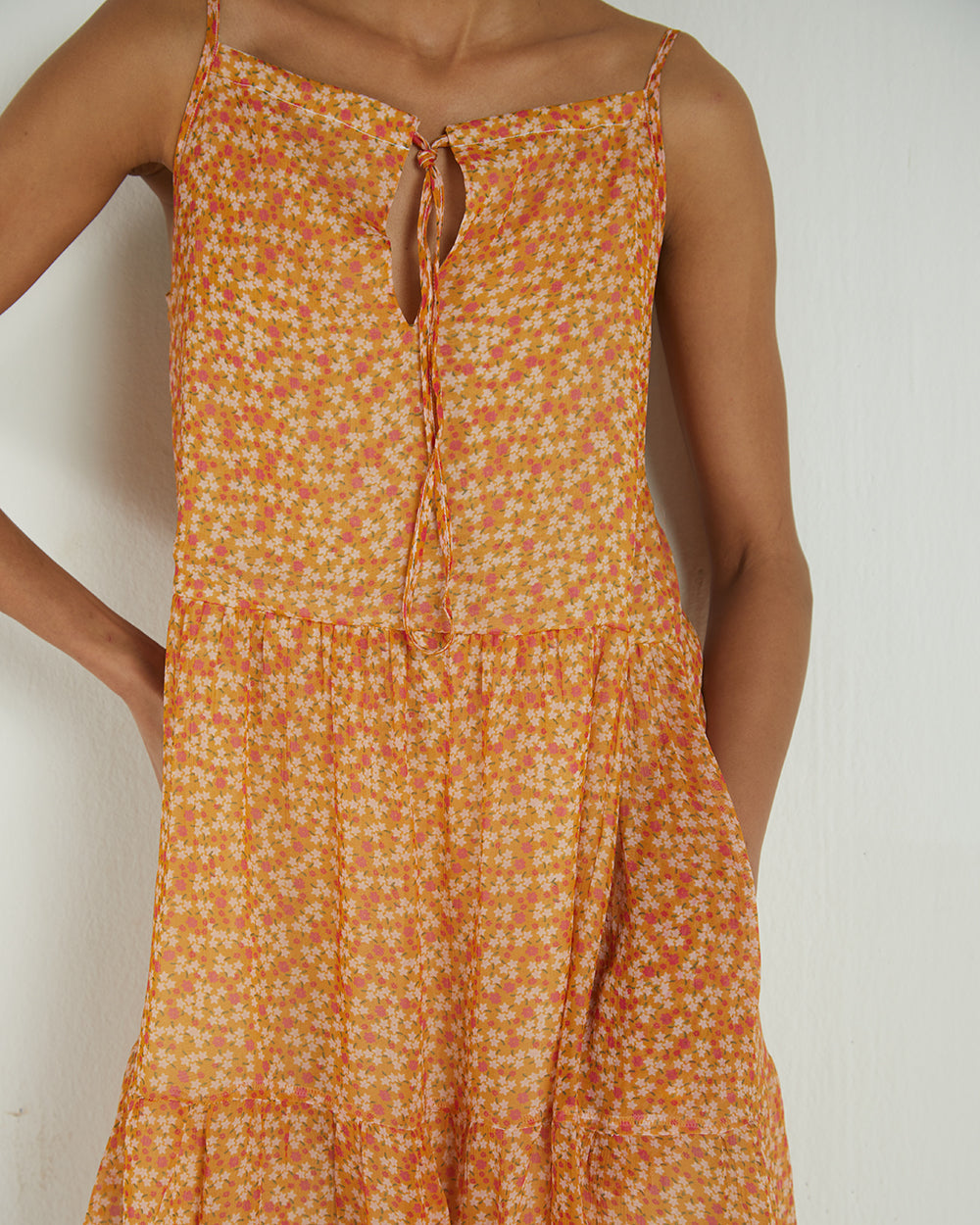 Yellow Sleeveless Tier Dress at Kamakhyaa by Reistor. This item is Bemberg, Best Selling, Casual Wear, Chiffon, Mini Dresses, Natural, Sleeveless Dresses, Tiered Dresses, Womenswear, Yellow