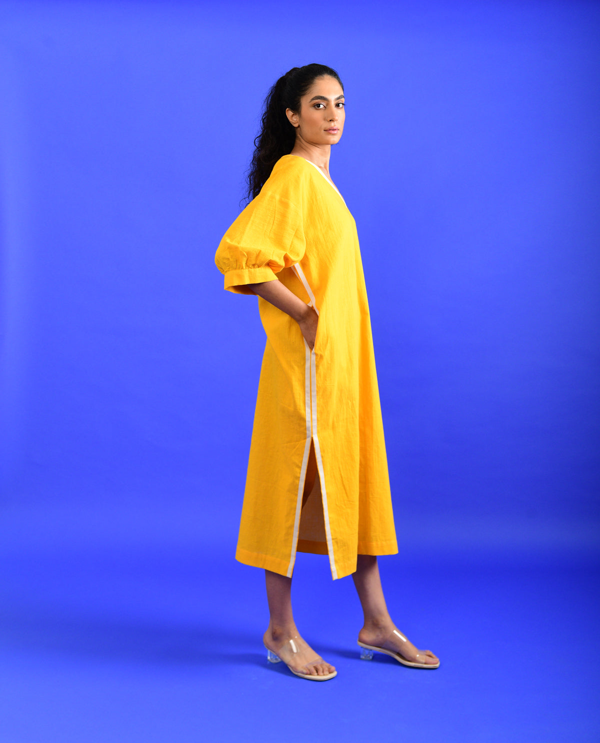 Yellow Solid Midi Dress at Kamakhyaa by Rias Jaipur. This item is Casual Wear, Handloom Cotton, Handspun, Handwoven, Hue, Midi Dresses, Relaxed Fit, Solids, Stripes, Womenswear, Yellow