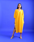 Yellow Solid Midi Dress at Kamakhyaa by Rias Jaipur. This item is Casual Wear, Handloom Cotton, Handspun, Handwoven, Hue, Midi Dresses, Relaxed Fit, Solids, Stripes, Womenswear, Yellow