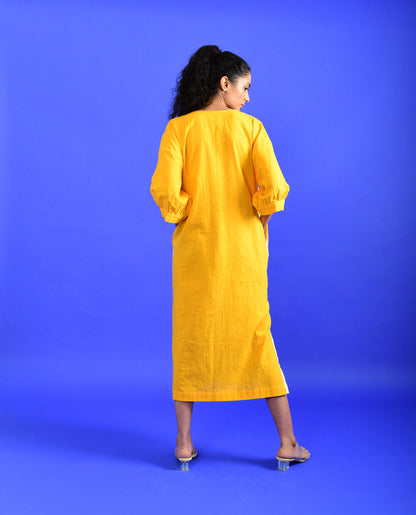 Yellow Solid Midi Dress at Kamakhyaa by Rias Jaipur. This item is Casual Wear, Handloom Cotton, Handspun, Handwoven, Hue, Midi Dresses, Relaxed Fit, Solids, Stripes, Womenswear, Yellow