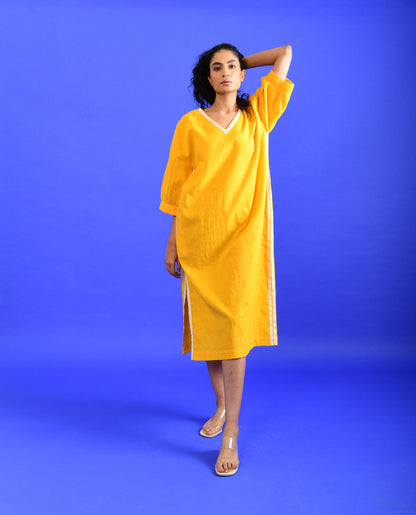 Yellow Solid Midi Dress at Kamakhyaa by Rias Jaipur. This item is Casual Wear, Handloom Cotton, Handspun, Handwoven, Hue, Midi Dresses, Relaxed Fit, Solids, Stripes, Womenswear, Yellow