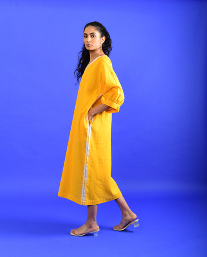 Yellow Solid Midi Dress at Kamakhyaa by Rias Jaipur. This item is Casual Wear, Handloom Cotton, Handspun, Handwoven, Hue, Midi Dresses, Relaxed Fit, Solids, Stripes, Womenswear, Yellow