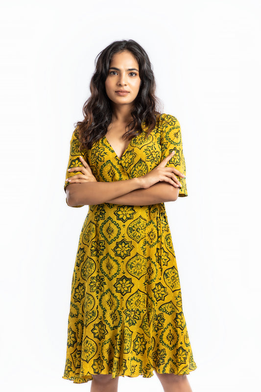 Yellow Wrap Dress at Kamakhyaa by House Of Ara. This item is Ajrakh, Ajrakh Collection, Casual Wear, Cupro, Natural, Prints, Regular Fit, Womenswear, Wrap Dresses, Yellow