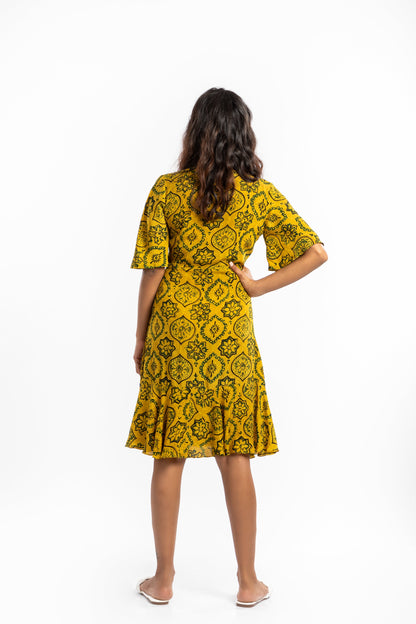 Yellow Wrap Dress at Kamakhyaa by House Of Ara. This item is Ajrakh, Ajrakh Collection, Casual Wear, Cupro, Natural, Prints, Regular Fit, Womenswear, Wrap Dresses, Yellow