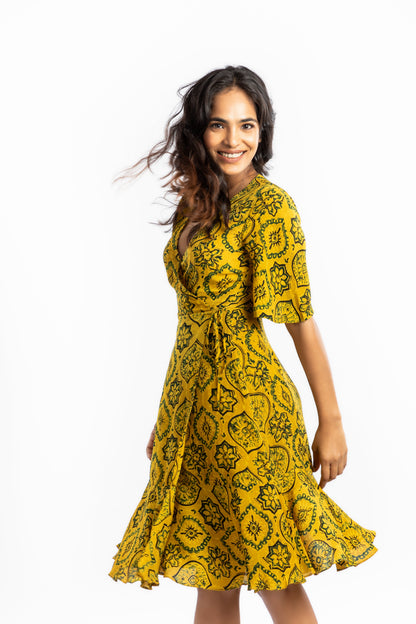 Yellow Wrap Dress at Kamakhyaa by House Of Ara. This item is Ajrakh, Ajrakh Collection, Casual Wear, Cupro, Natural, Prints, Regular Fit, Womenswear, Wrap Dresses, Yellow