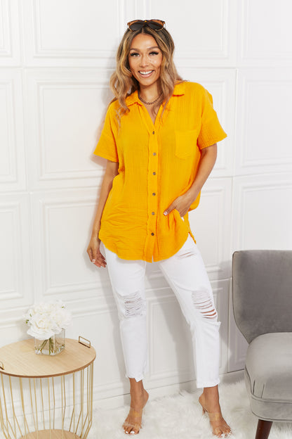 Zenana Full Size Summer Breeze Gauze Short Sleeve Shirt in Mustard at Kamakhyaa by Zenana. This item is 100% Cotton, Black Friday, Casual Wear, Regular Fit, Shirts, Solids, Trendsi, Womenswear, Yellow