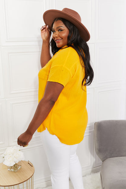 Zenana Full Size Summer Breeze Gauze Short Sleeve Shirt in Mustard at Kamakhyaa by Zenana. This item is 100% Cotton, Black Friday, Casual Wear, Regular Fit, Shirts, Solids, Trendsi, Womenswear, Yellow